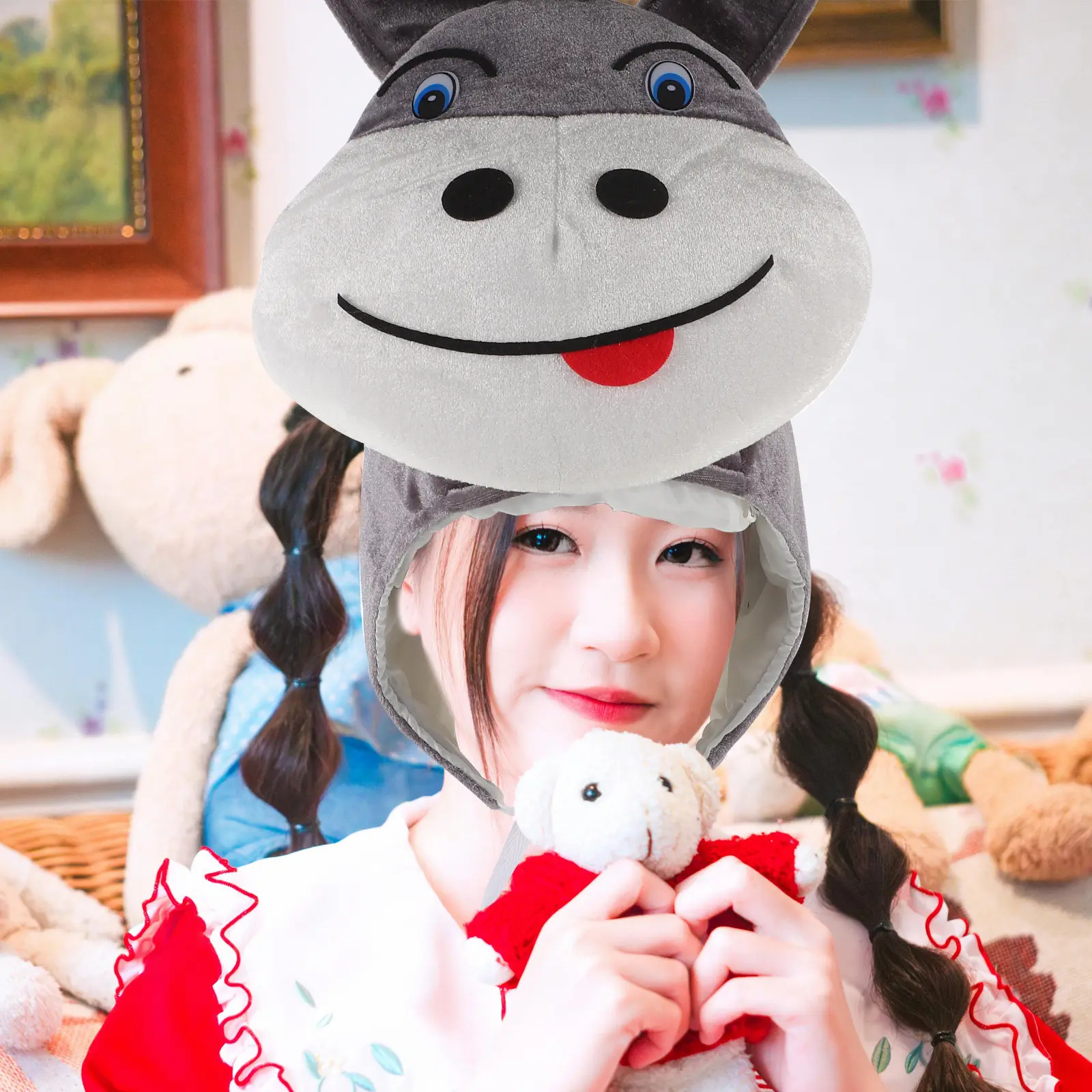 

Donkey Headwear Cap Soft Warm Winter Festival Party Hat Funny Cosplay Animal Beanie Christmas Holiday Costume Dress Up Cap