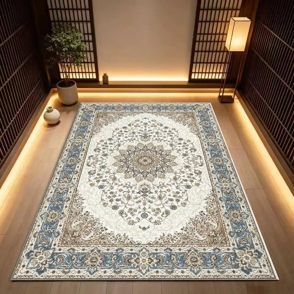 Vintage Medallion Oriental Square Area Rug Classic Floral Ornate Border Non-Woven Floor Carpet for Indoor Home Decoration