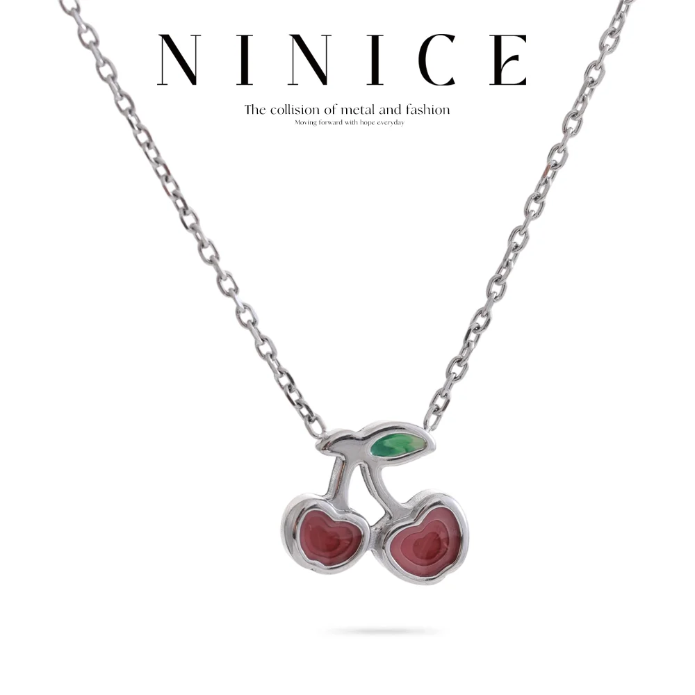 NiNice Necklaces for Women Stainless Steel Original Cherry Red Enamel Fruit Pendant Earring Fashionable Simple Waterproof