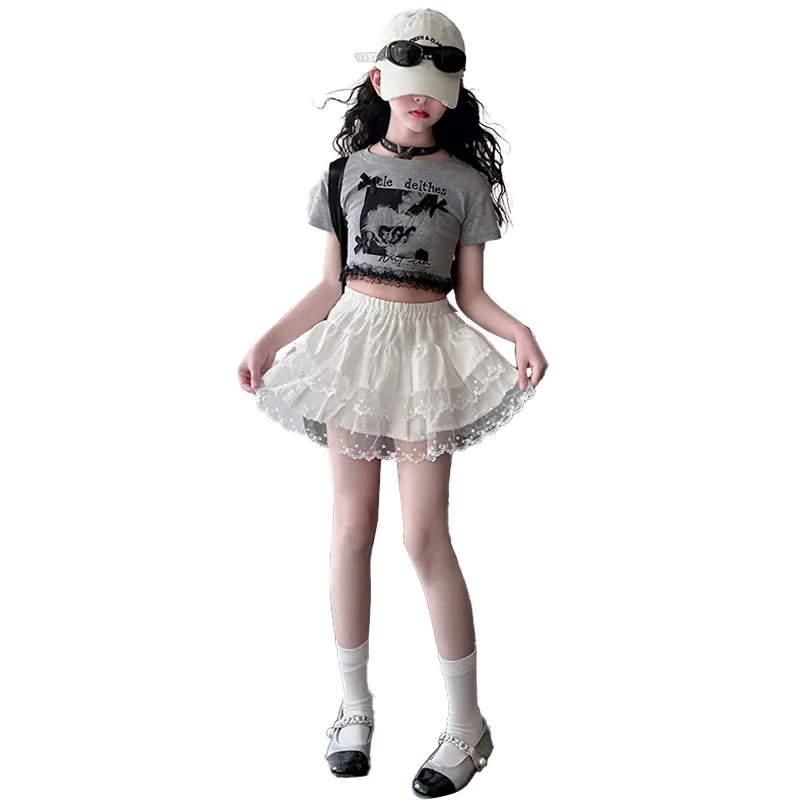 2025 الصيف الأطفال الفتيات الملابس طباعة المراهق 1 قطعة تي شيرت كامل أو الدانتيل قصيرة مطوي الطبقات تنورة 4 8 10 11 12 سنة