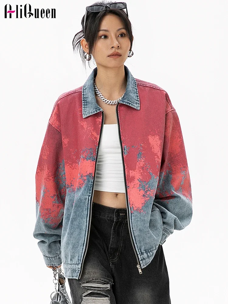 Jesień Kobiety Vintage Loose Tie Dye Gradient Denim Coat Female Casual Blue Trendy Niche Jeans Jacket Odzież wierzchnia Streetwear 3XL
