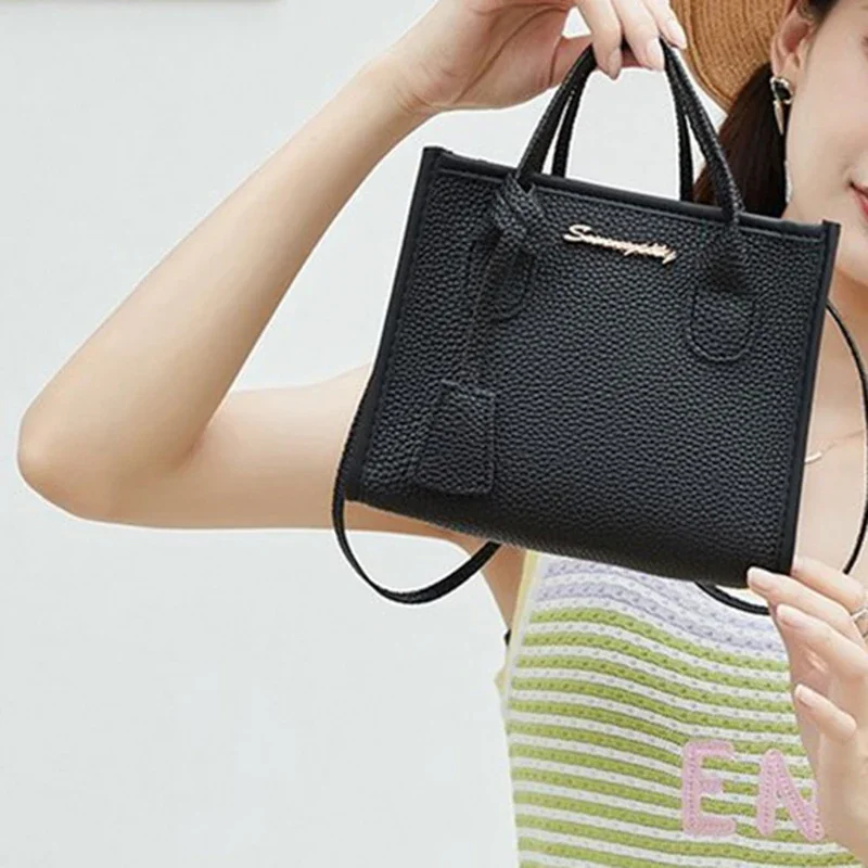 

Solid Color Lychee Pattern Women's Hand-held Bucket Bag Single Shoulder Crossbody Bag Portable Casual Bag