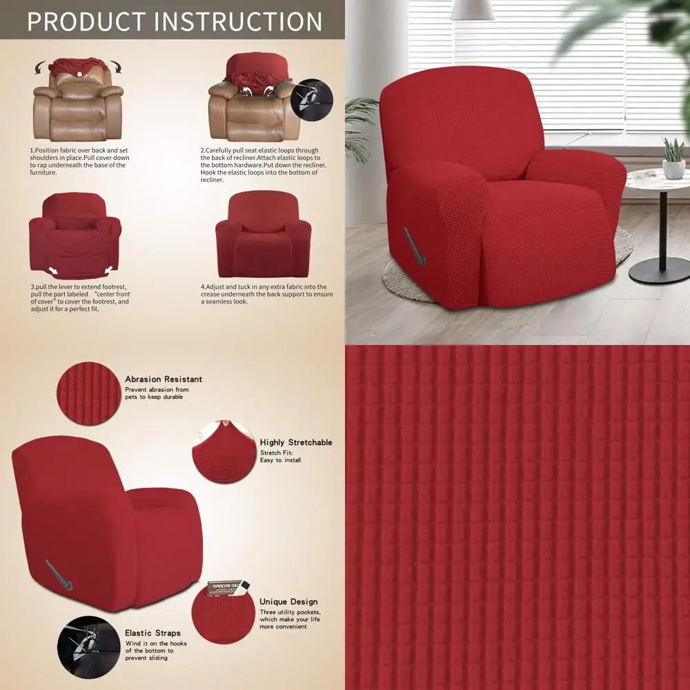 

Stretch Sofa Slipcover for Oversized Recliner - Elastic Bottom, Polyester Jacquard, Small Checks, Christmas Red