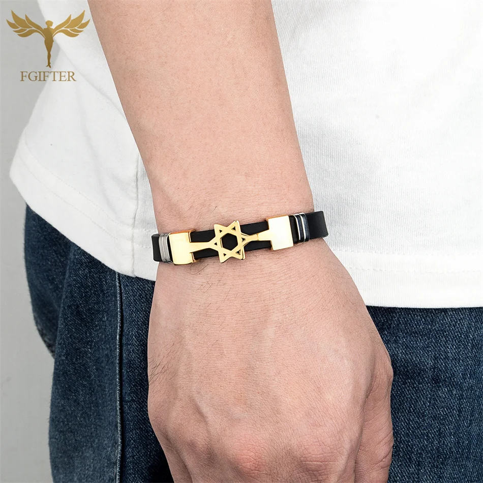 Israel Star Of David Bracelets for Women Men Soft Black Silicone Wristbelt Stainless Steel Cuff Accessory Judaism Jewish Jewelry