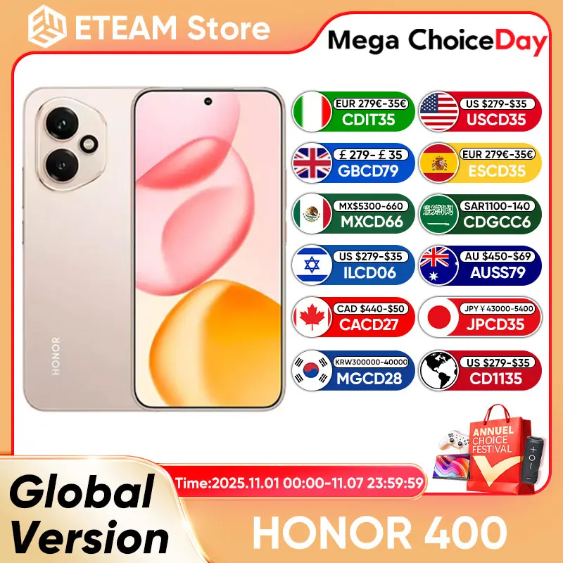2025 New Global Version HONOR 400 5G Smartphone Snapdragon 7 Gen 3 6.55'' 120Hz AMOLED Display 6000mAh 80W Supercharge eSIM IP66