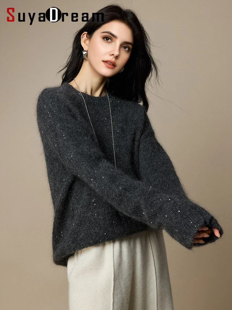 SuyaDream, Women Beadings Pullovers, 69%Mohair, Round Neck, Charcoal Heavy Sweaters, 2025 Fall Winter Warm Top