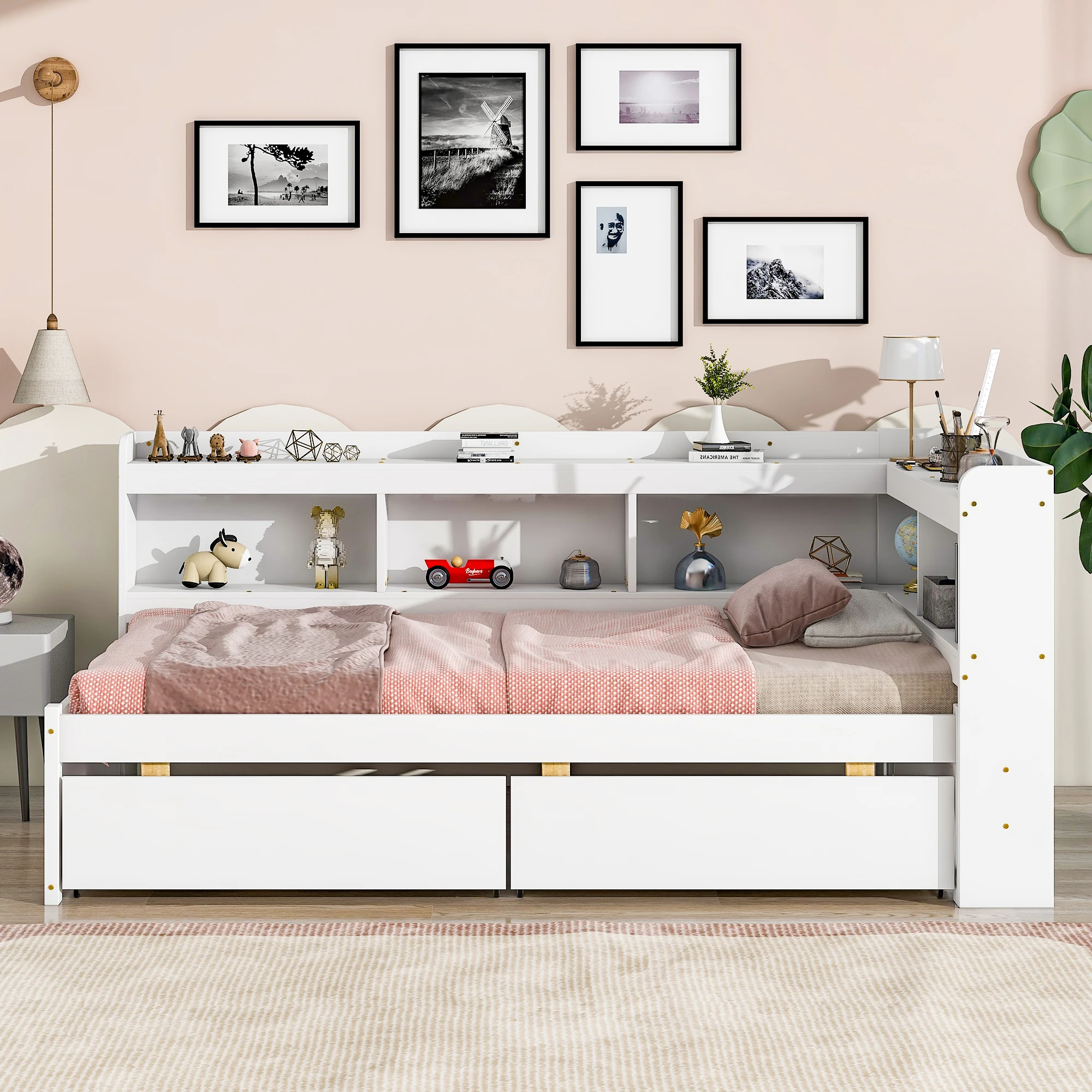 Twin Bed with L-shaped Bookcases and Drawers, White  85.20x50.40x36.70 in.