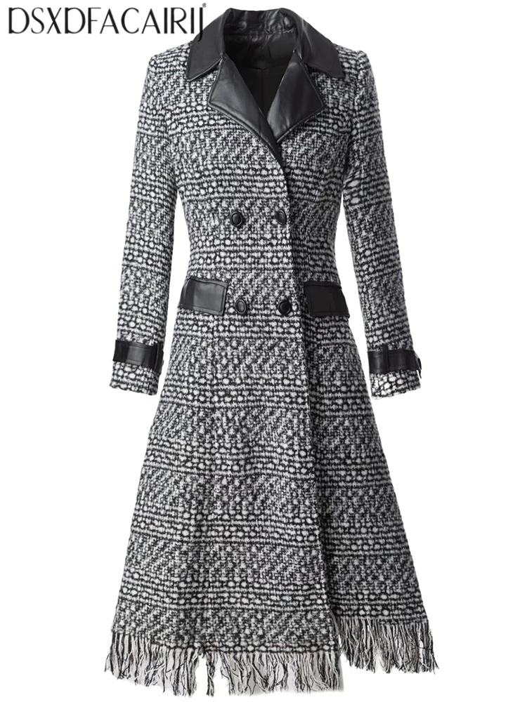 DSFACAIRIJ Women's Plaid Tweed Jacket Turn-Down Collar Double Breasted Long Sleeve High Street Fashion Outerwear for Winter
