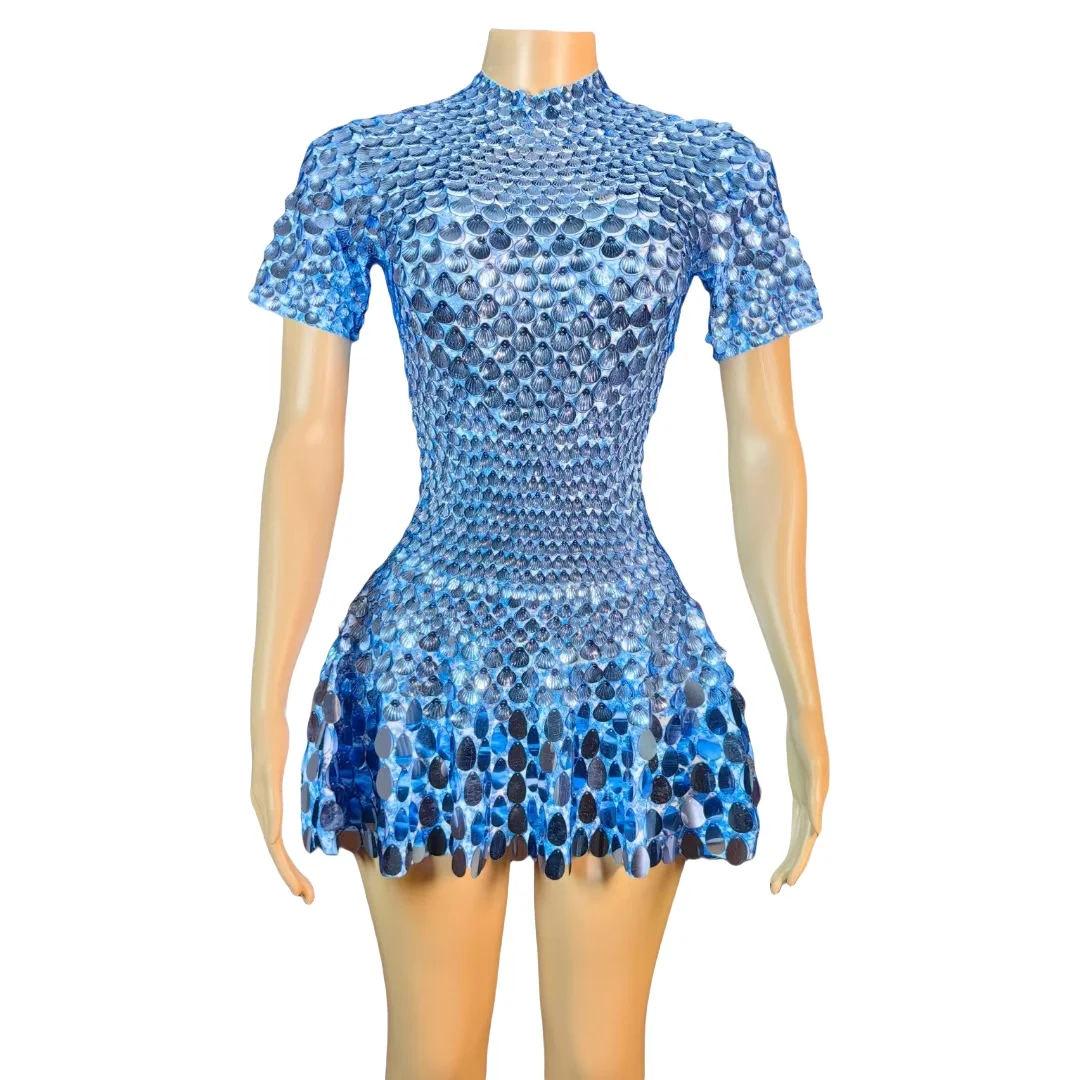 

Beike Women Sparkly Shell Sequins Bodysuit Mini Dress Spandex Pleated Dress Celebrate Party Dancer Stage Show Classic Outfit