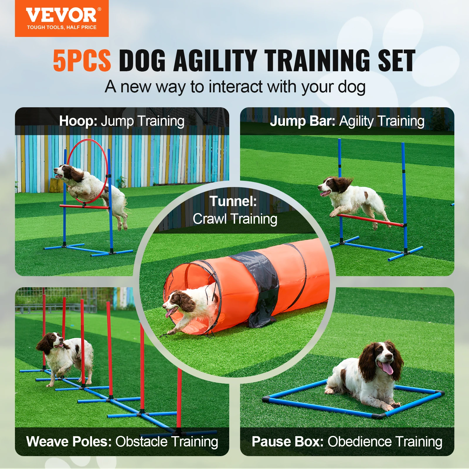 VEVOR Dog Agility Training Equipment 5 PCS Set Upgrade with Adjustable Hurdles Extended Tunne Puppy Obstacle Course Kit with Bag