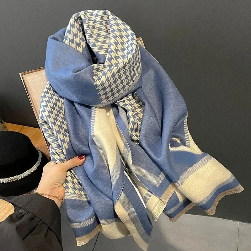 Luxury Brand Scarf Autumn and Winter Houndstooth H Letter Color Block Cotton Woven Outdoor Warm Large Shawl Scarf Women Luxury