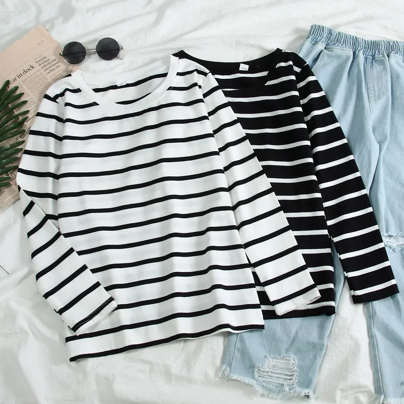 2024 Spring Autumn Tops Tees New Black White Striped Bottom Shirt Women Long Sleeve Korean Loose Versatile Student Top T-Shirts