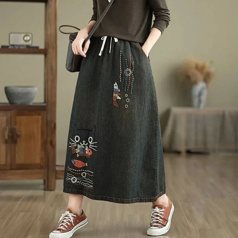 Retro Cartoon Animal Embroidery Denim Skirt Thin Spring Summer High Waist Elastic Waisand Vintage Patchwork Slimming Skirts