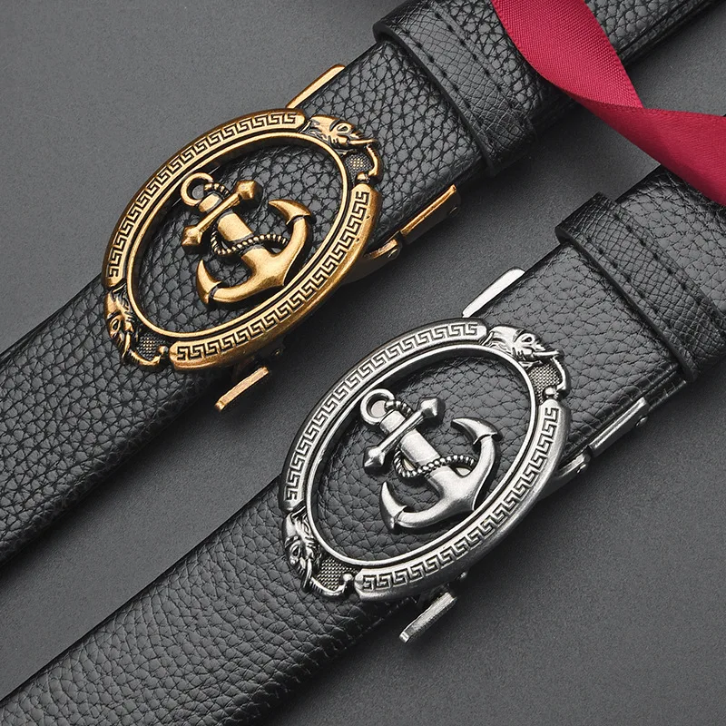 New ship anchor cowhide belt, alloy automatic buckle retro belt, men's casual simple denim belt