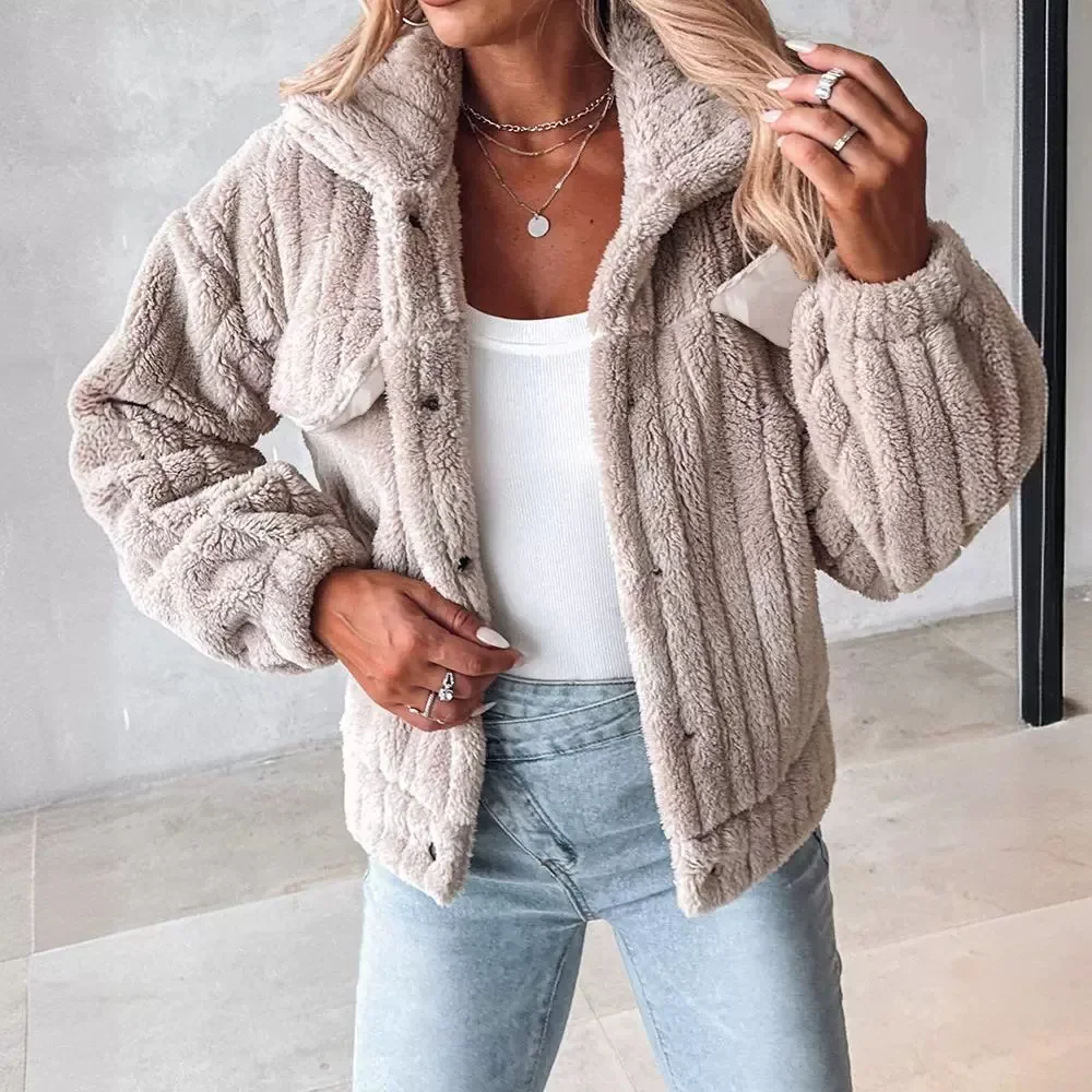 Casaul Winter Clothes Women Coat 2024 New Solid Color Warm Jacket Turn-Down Collar Buttoned Long Sleeved Thick Fur Tops Y2k