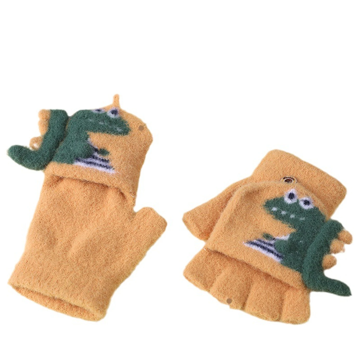 3-9-year-old children\'s gloves, winter male and female baby dinosaur cute warm half finger covered gloves