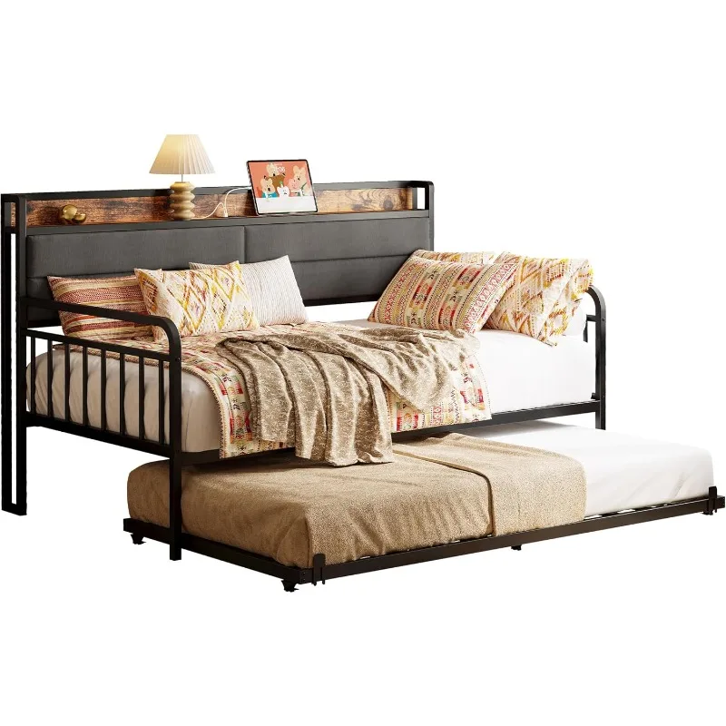 Daybed with Trundle, Sturdy Metal Twin Bed Frame with Upholstered Headboard and Charging Station for Living Room, Bedroom