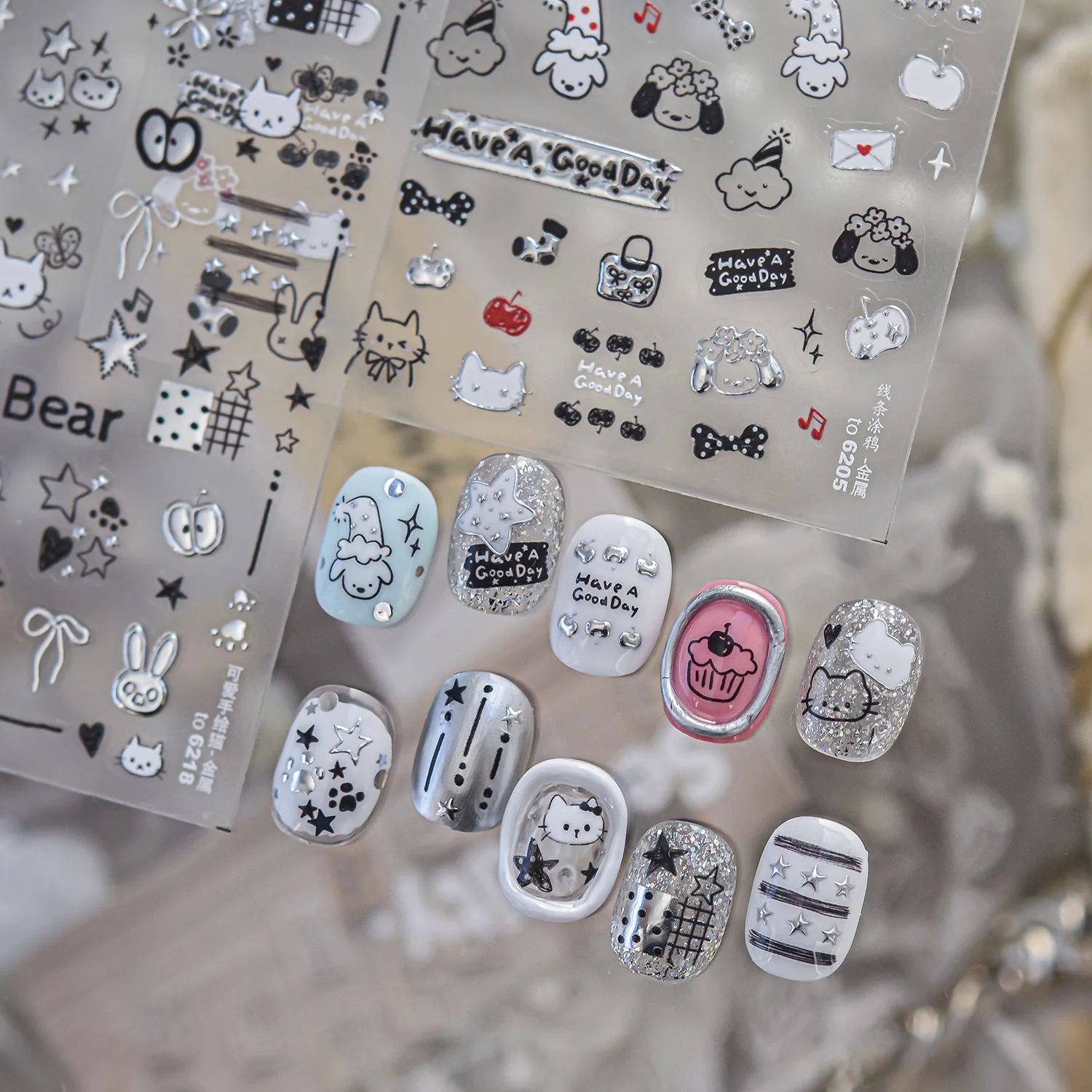 Line Graffiti Nail Stickers Cat Dog Cloud Flower Apple Star Bow Tie Sock Bowknot Adhesive Nail Charm Art Sticker Manicure Decals