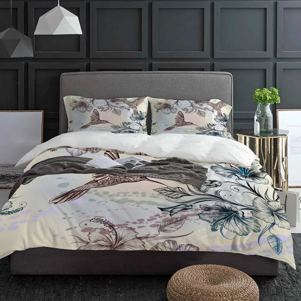 Hummingbird Hibiscus Flower Retro Bedding Set 3pcs Duvet Cover Pillowcase Kids Adult Quilt Cover Double Bed Set Home Textile