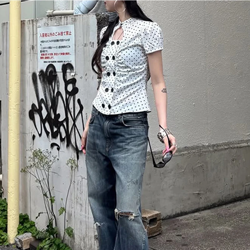Europe and the United States sexy hollow breasted bubble sleeve short sleeve female summer new slim Joker T-shirt