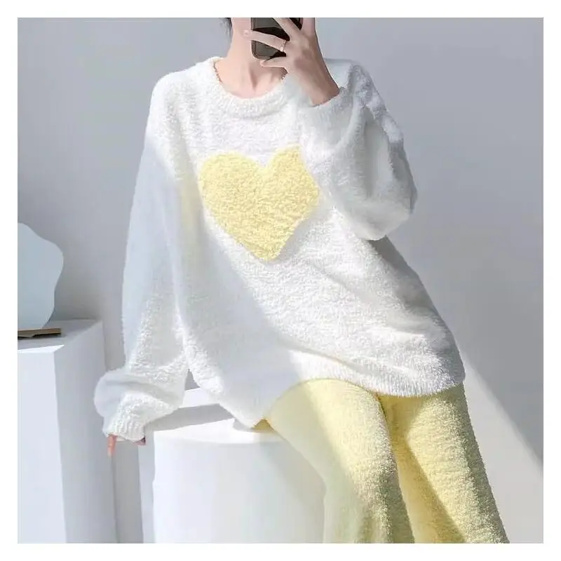 

New Heart Shaped Coral Fleece Spring Winter Pajamas Set for Women Homewear Thickened Plush Warm Sweet Love Premium Cozy Fashion