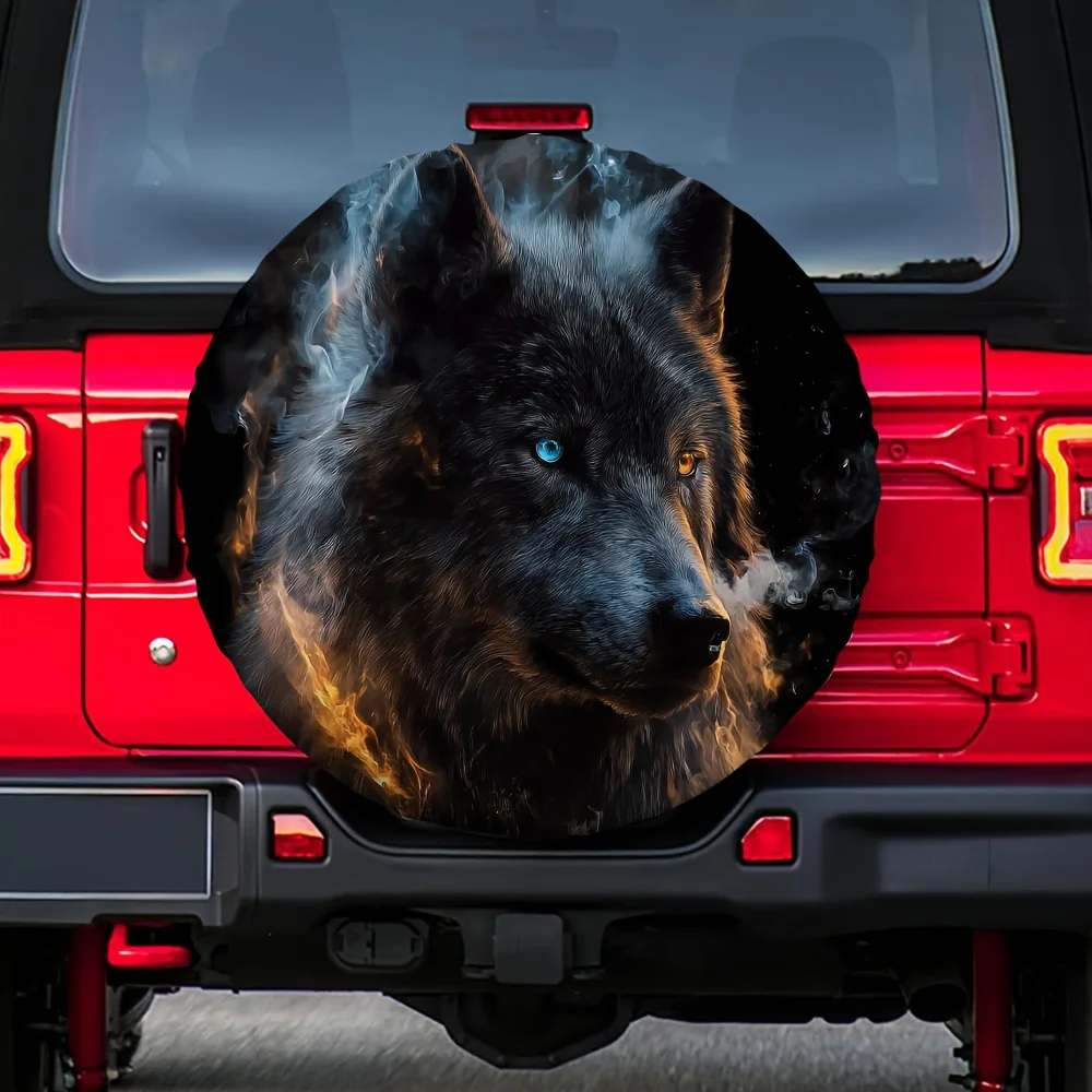 1pc 2D Flat Printing Tire Covers Wolf Fire Polyester Without Electricity New Year Gifts Suitable For Offroad Tire Covers, 2D Fla