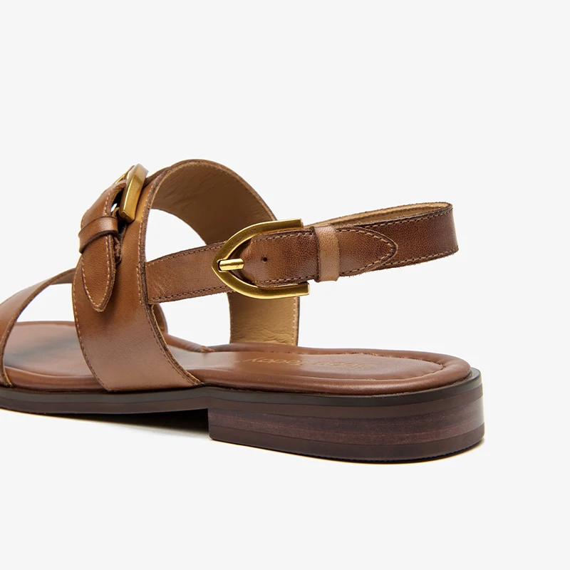 Genuine Leather Slingback Flat Sandals with Metal Buckle
