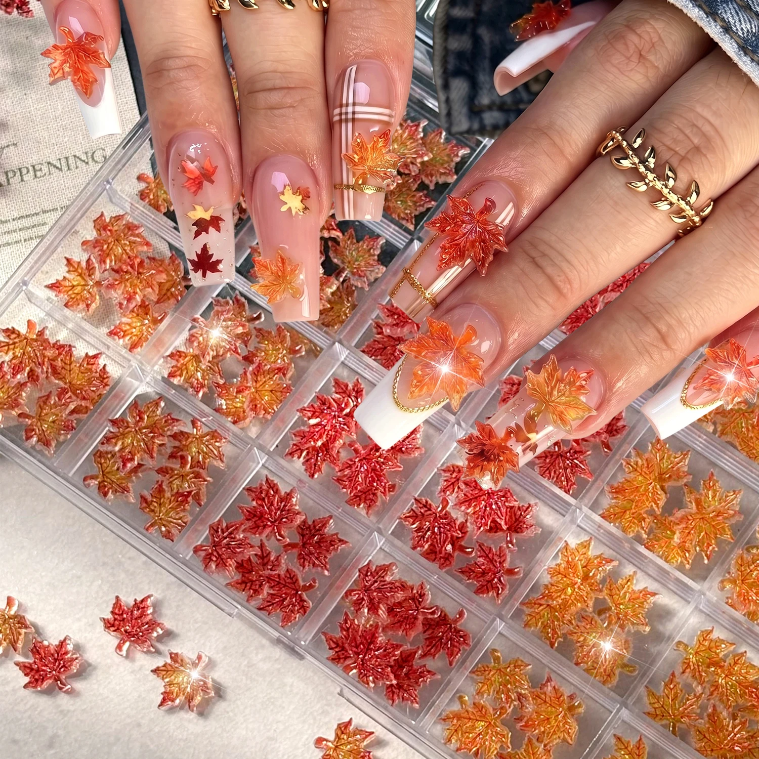 24Grids 3D Autumn Maple Leaf Nail Art Charms Red Orange Gradient Autumn Leaves Resin Nail Decoration DIY Manicure Supplies 144pc