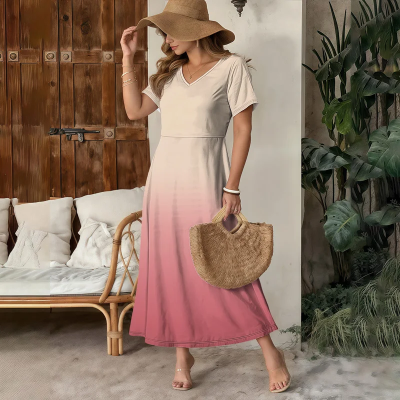 Hoge taille gradiënt zomer dames maxi-jurk V-hals korte mouw vakantie strandjurk dames business casual kleur jurk zomer