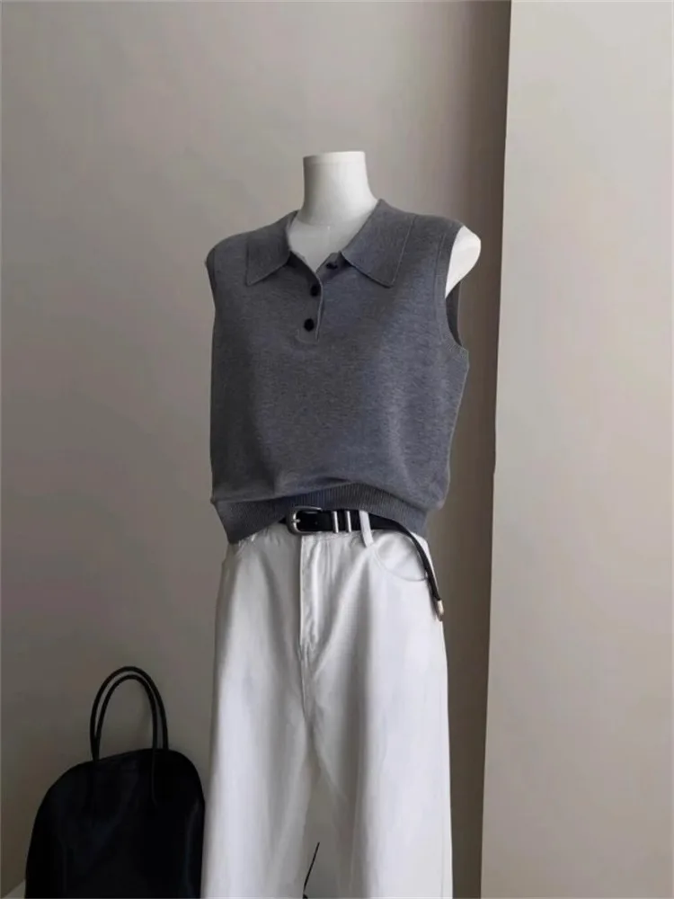French Style Ice Silk  Shirt Women's Sleeveless Knitted Vest Top Flip Collar T-Shirt Summer New Arrival Bodycon Fit