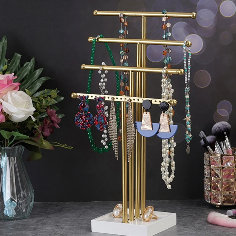 Gold 4 Tiers T-Shaped Jewelry Rack Earring Storage Rack Necklace Display Rack For Girls To Organize