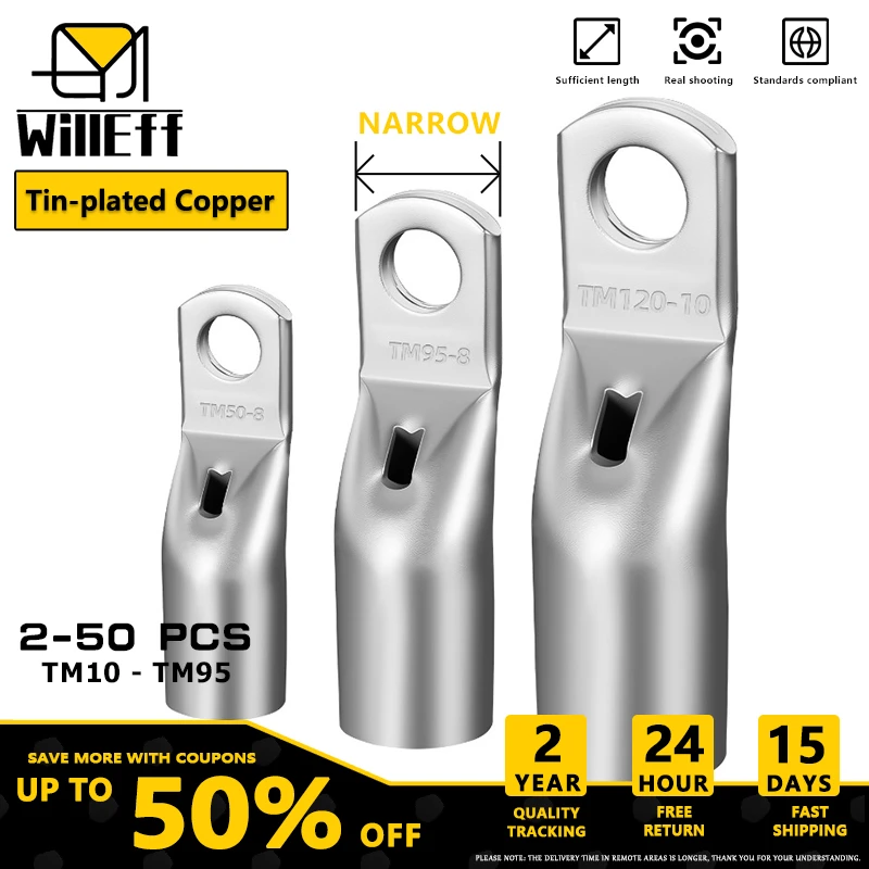 Small head terminal/lug Narrow edge terminal Narrow head terminal Pure copper tin plating Crimp Terminal aperture M5 M6 M8 M10