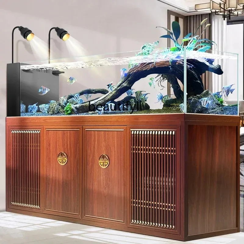 New Chinese-style stream tank bottom filter ecological fish tank aquarium ultra-white glass floor landscaping aquatic plant tank