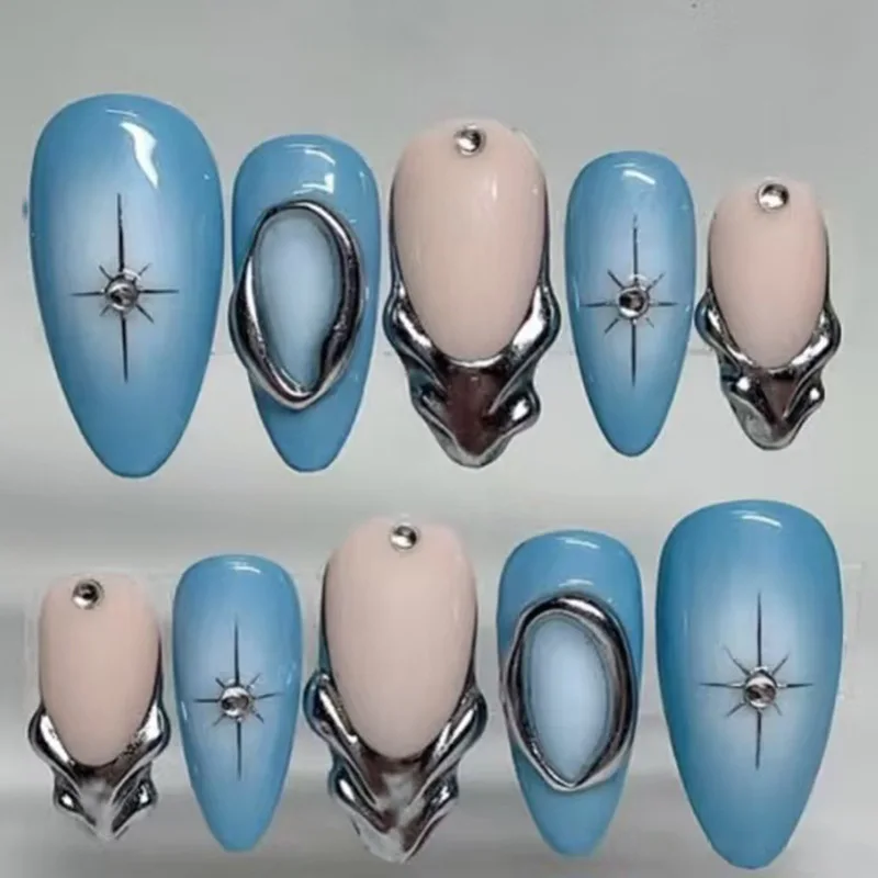 

10Pcs 3D Green Ripple Design False Nails Cat's Eye French Almond Fake Nail Tips Leaves Pattern Removable Oval Press on Nails