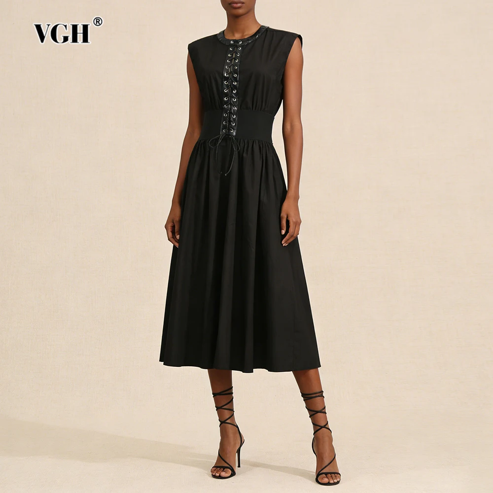 

VGH French Style Trend Lace Up Dresses For Women Round Neck Sleeveless High Waist Summer Causal Slimming Dress Female Fashion