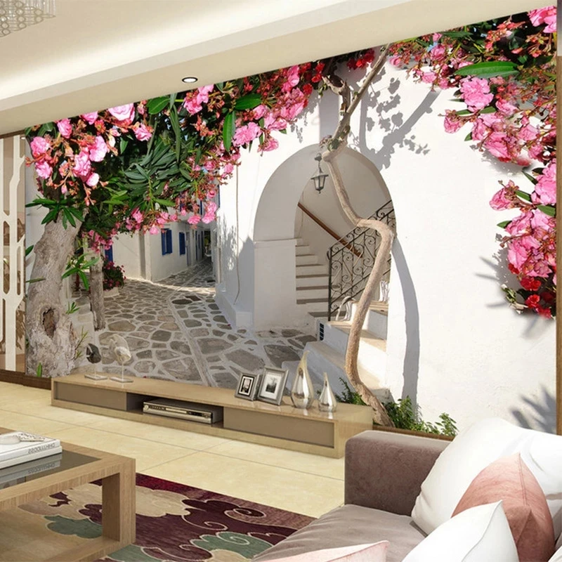 Custom Mediterranean Street Town City Landscape Mural Wallpaper Spatial Extension wall fabric 8d Living room bedroom restaurant