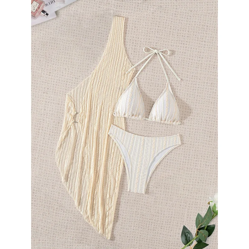 Hollow Out Knitted Cover-Up Three-Piece Swimsuit Women's Bikini Vacation Beachwear Hot Sale