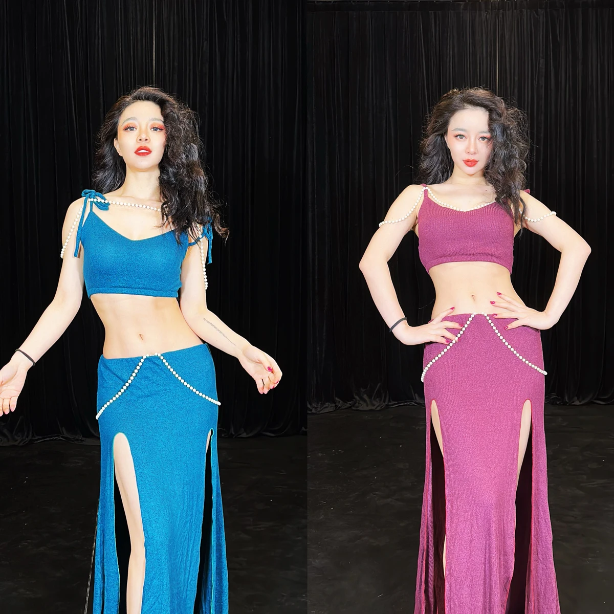 

New Belly Dance Clothing Heavy Industry Pearl Sling Top+Split Skirt Oriental Professional Dancer Performance Set