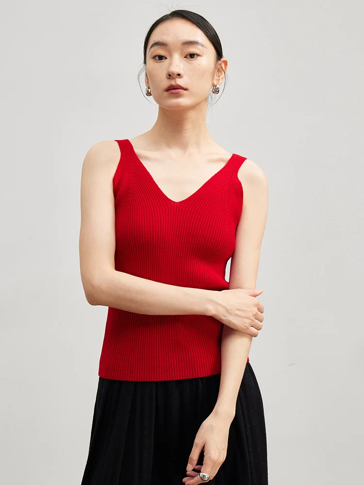 SuyaDream Women 100%Merino Wool Camisole Sleeveless Two Necks Chic Pullovers 2023 Fall Winter Chic Sweaters Red White