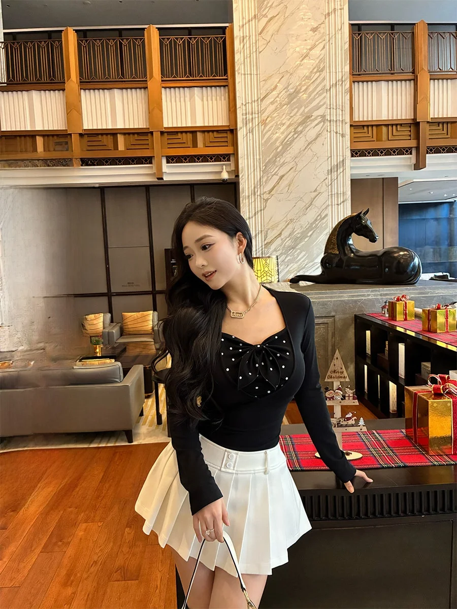 

Slimming Effect T-irt Cherry Heart Moment Plaid Polka Dot Fake Two-Piece Long Sve Women's Regular Length Silk Blend Top