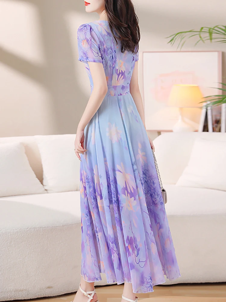 2024 Casual Luxury Holiday Midi Dress Summer Floral Chiffon Boho Beach Maxi Robe donna manica corta elegante vestito da partito aderente