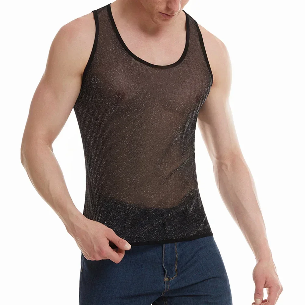 Fashion Man Mesh Transparent Shine Tank Vest For Men T-shirts Fitness Shirt Undershirt Muscle Sleeveless Vest Tanks Clothing