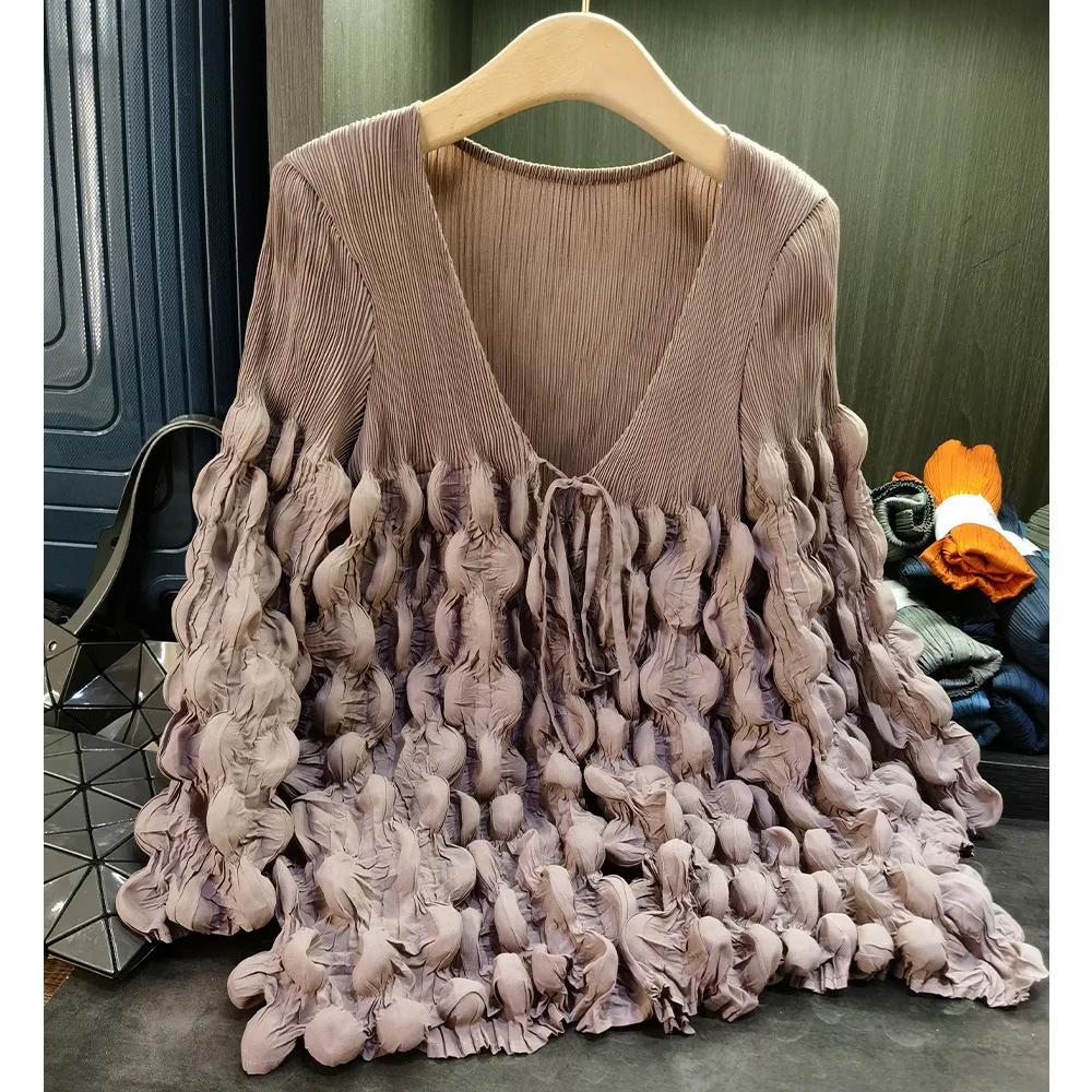 New Women Pleated Cardigan Puff Sleeve Coat Spring Summer Boho Tops Ruffled Hem Loose Exquisite Design Outerwear