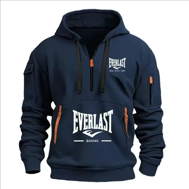 

Men's fashionable half-buttoned warm sports shirt, suitable for spring and autumn, loose and casual hooded pullover shirt