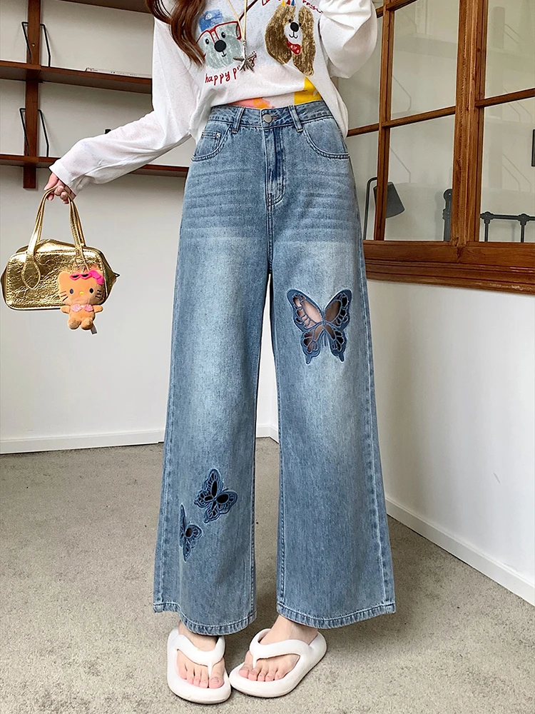 Vintage Hollow Out Butterfly Denim Trousers Women Summer Thin Solid Color Straight Long Pant Female Daily Basic Jeans