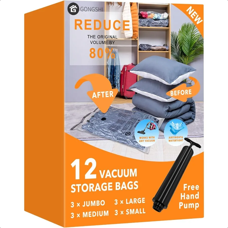 

12 Pack Vacuum Storage Bags 3 Jumbo 3 Large edium 3 Small Plastic Packaging Bags Space Saver Sealer Comprion Bags with Travel H