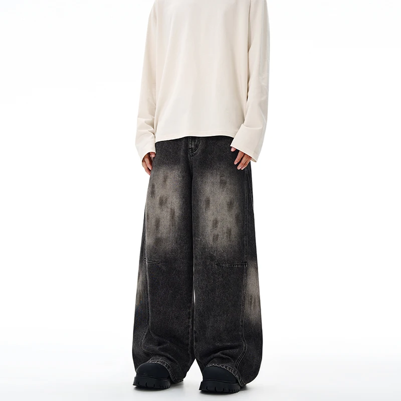 Fashion Men's Jeans Washing Splash-ink Silhouette Contrast Color All-match Autumn American Wide Leg Male Denim Pants