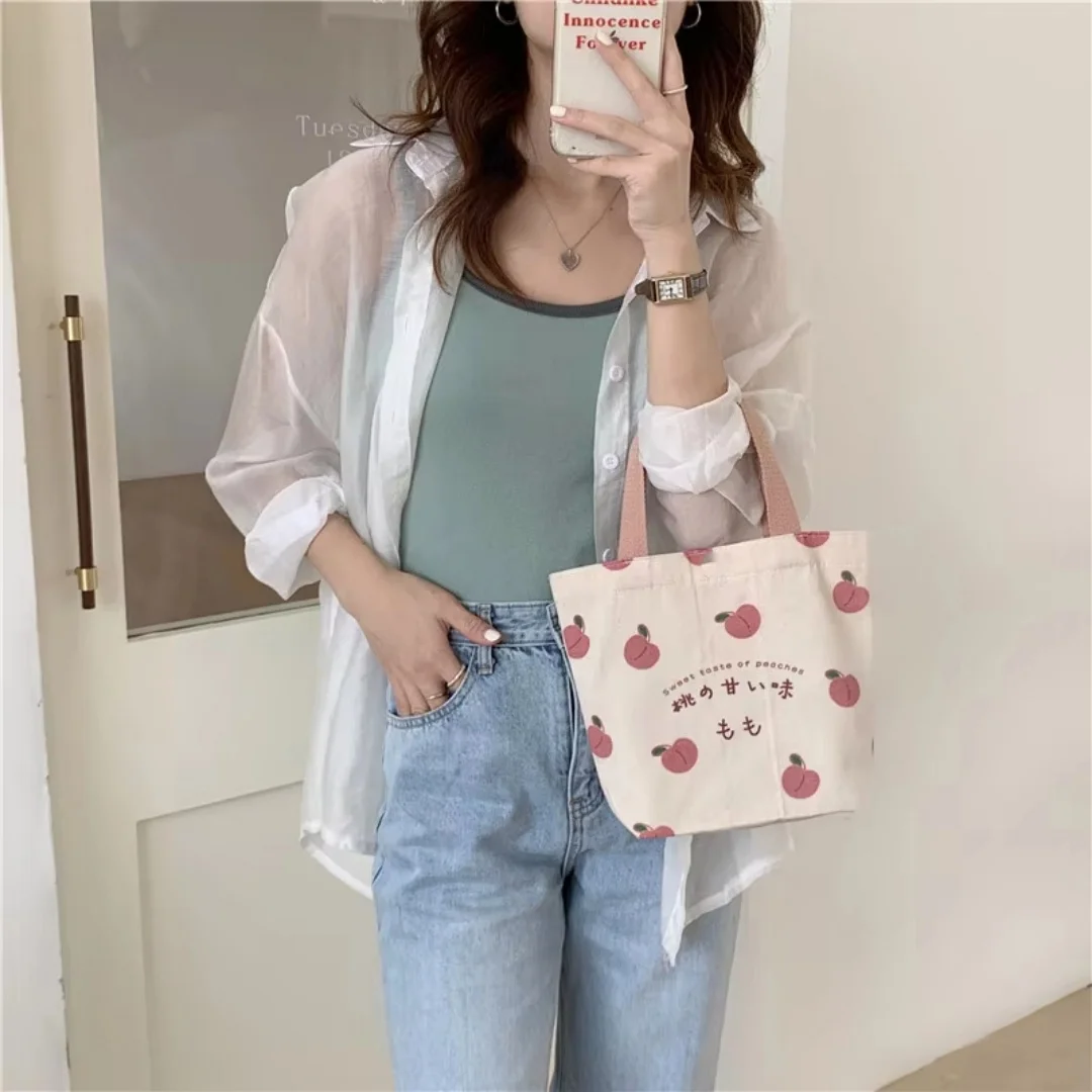 Damen-Tragetasche, Lebensmitteltasche, japanischer Pfirsich-Druck, Lunchtasche, koreanische Mini-Studenten-Handtasche, Picknick, Reisen, Bento, tragen Sie alle Tragetasche für den täglichen Gebrauch