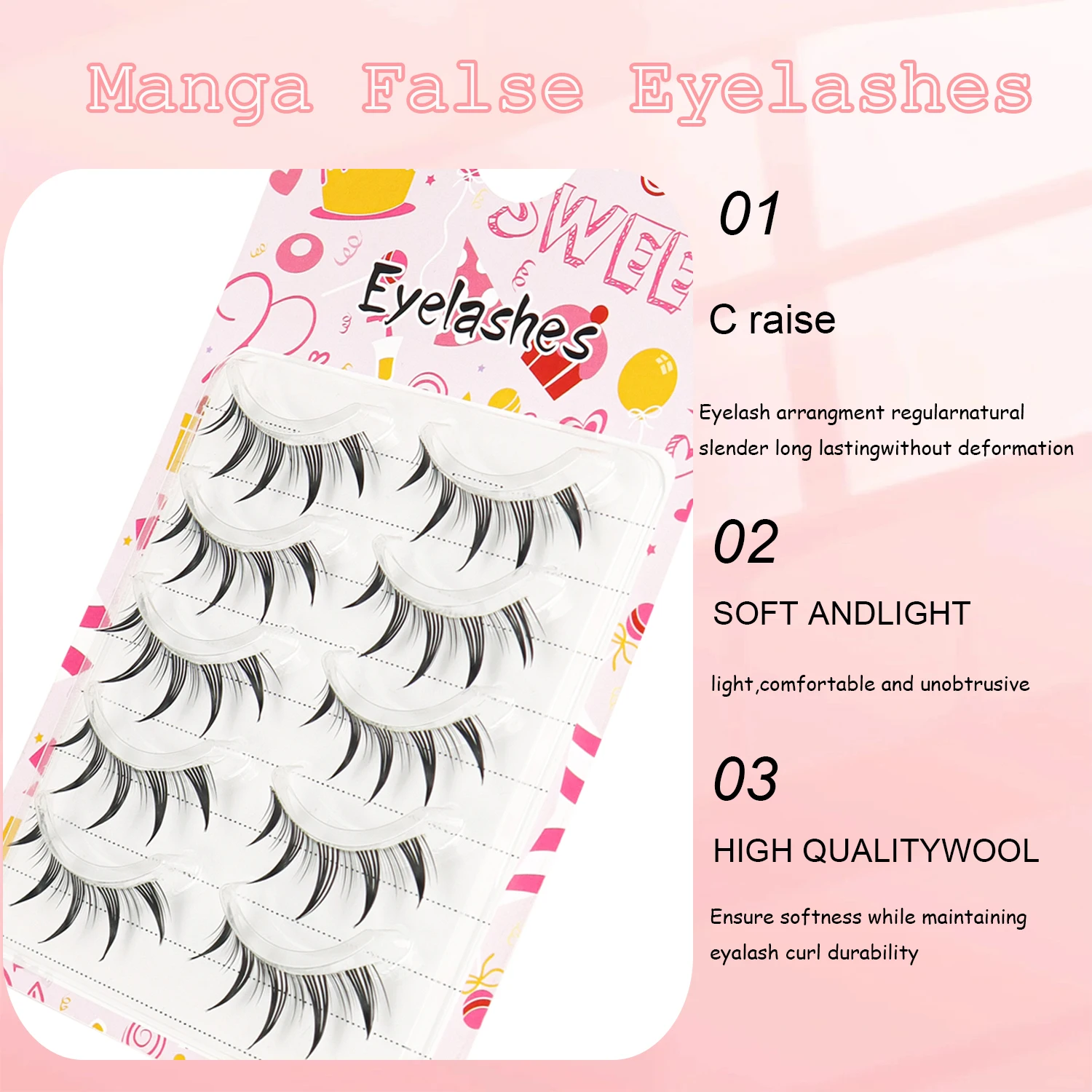 5 par małych sztucznych rzęs Demon z przezroczystymi łodygami i spiczastymi końcówkami do cosplay w stylu Lolita