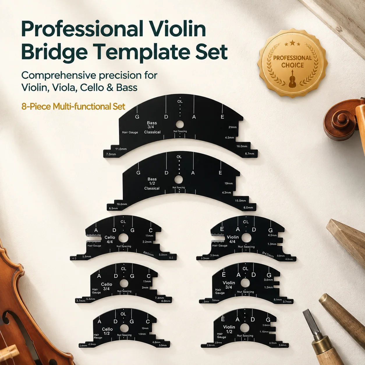 STJ Violin Cello Bridge Reference Repair Tool 4/4/3/2/1 Bass Bridges Multifunctional Template Tool Measure Fingerboard Parts